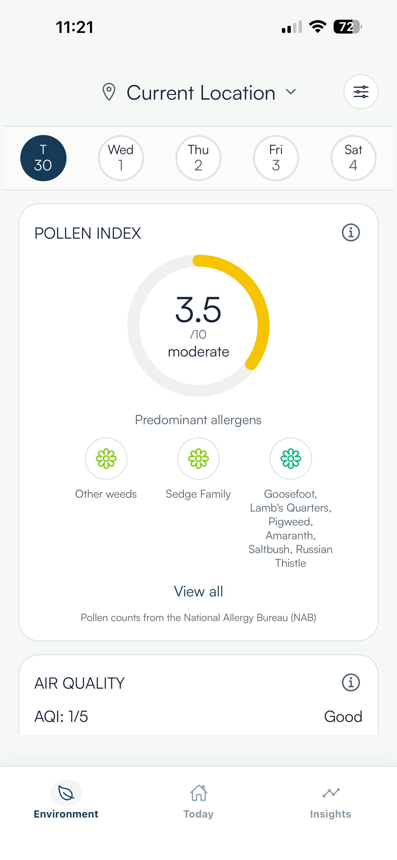 Polly environment screen with pollen and air quality information