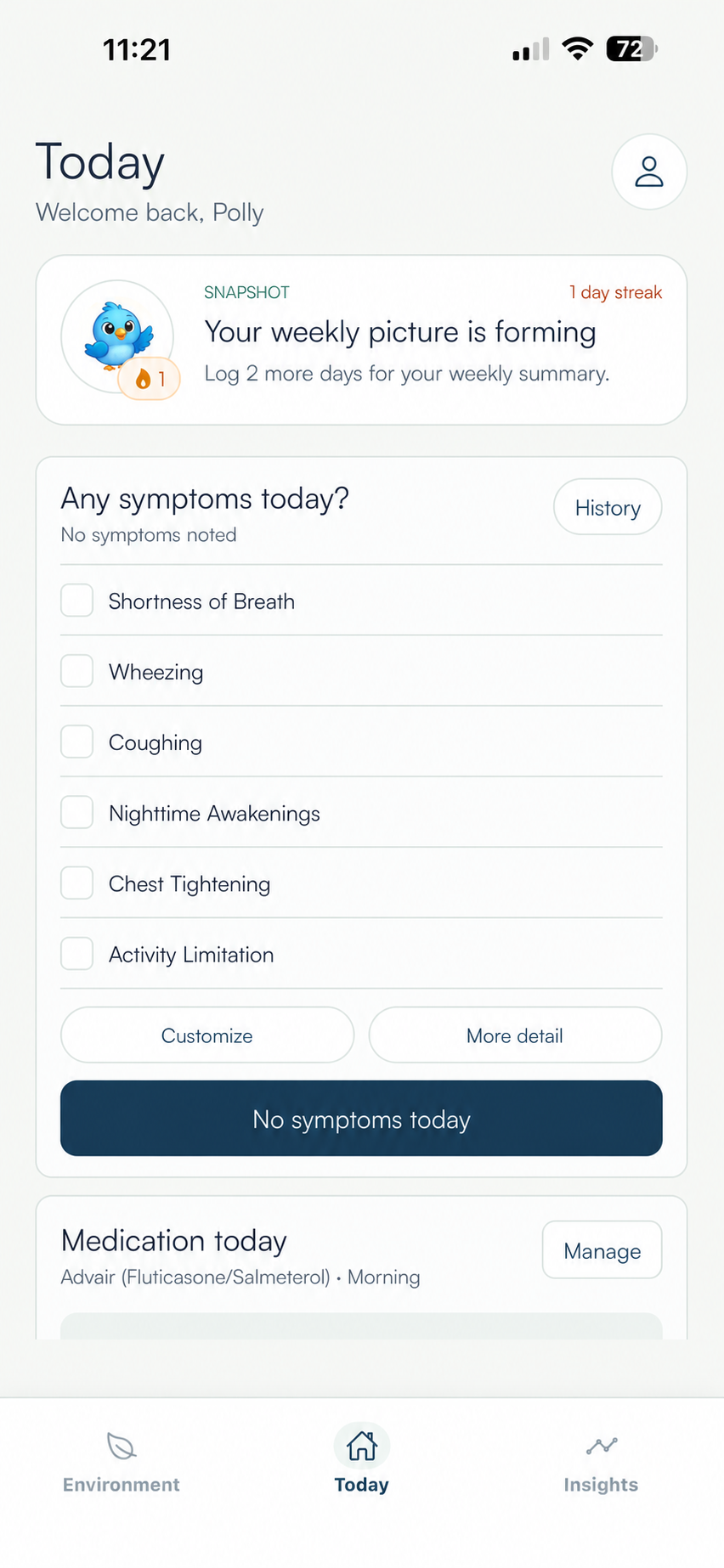 Polly symptom and medication logging interface welcoming Polly